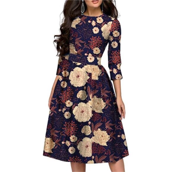 Simple Flavor Women's Floral Vintage Dress Elegant Midi Evening Dress 3/4 - Picture 3 of 3